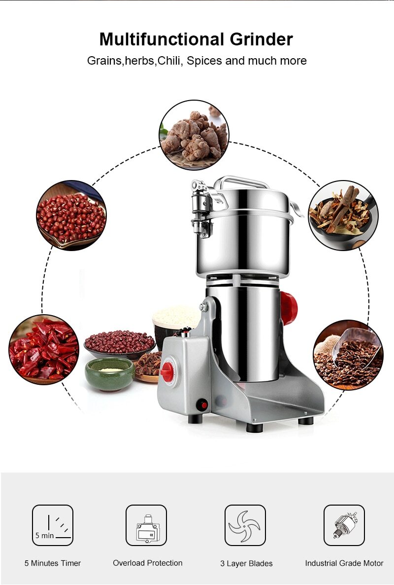 Grain Grinder Mill Stainless Steel Electric High Speed Powder Machine Cereals Flour Herb Spice Pepper Coffee Bean Pulverizer Commercial Heavy Duty Professional