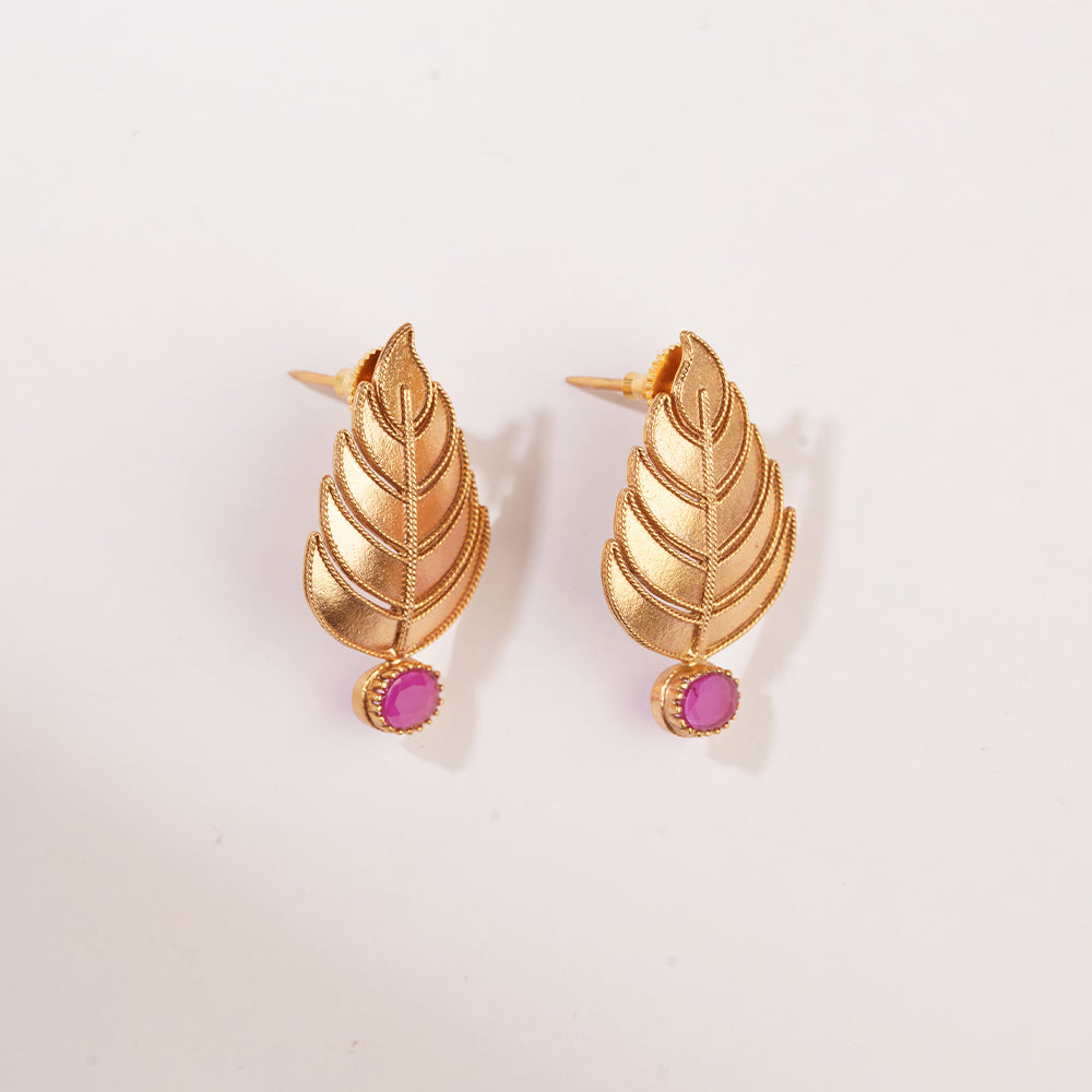 GOLD PLATED BIG LEAF AND RED XTL EARRING