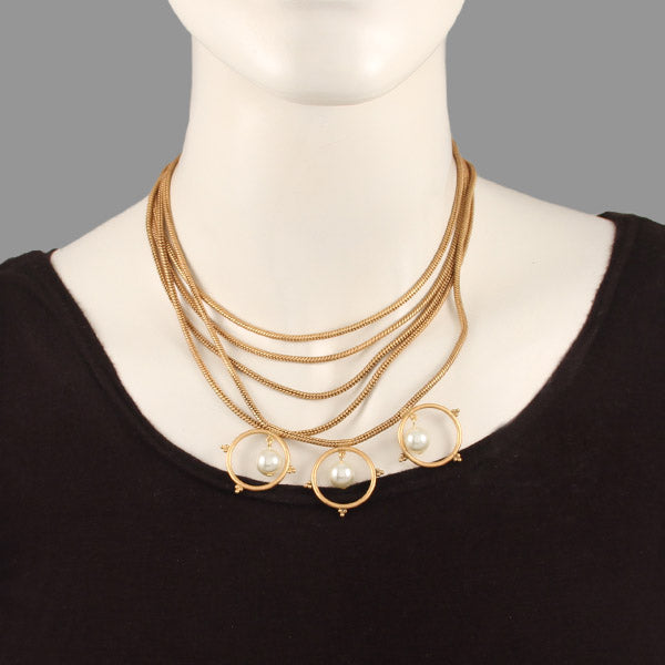 GOLD PLATED 5 LINE DORI CHAIN NECKPIECE WITH 3 DOTTED RING AND PEARL