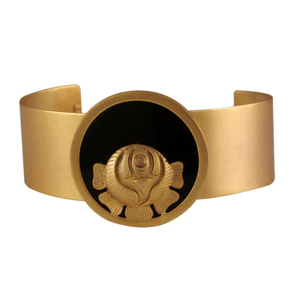 GOLD PLATED THIN CUFF WITH BLACK AC AND ROSE COIN ON CENTER