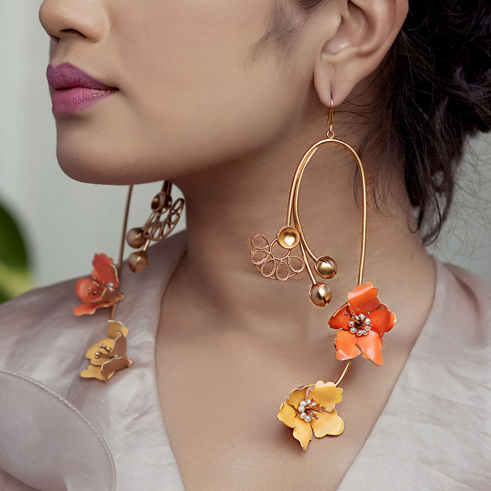 GOLD TONED MOGRA BUDS & CREST DROP EARRINGS WITH ENAMEL LILIES WORN BY Maanvi Gagroo