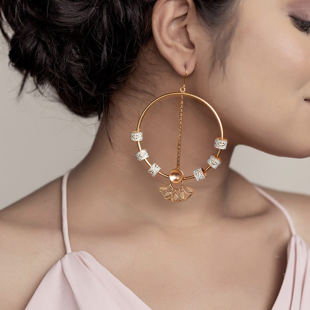 GOLD TONED CIRCULAR DROP EARRINGS WITH CREST & ENAMEL CHARMS DETAIL