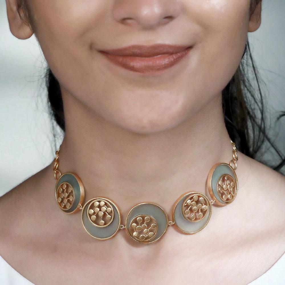 GOLD TONED CYAN ACRYLIC TANGENT CHOKER WITH INLAID DOTTED CIRCLES