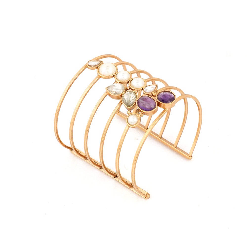 Gold Plated Striped Hand Cuff with Pearls, Amethyst, Quarts and Handmade Crystal.