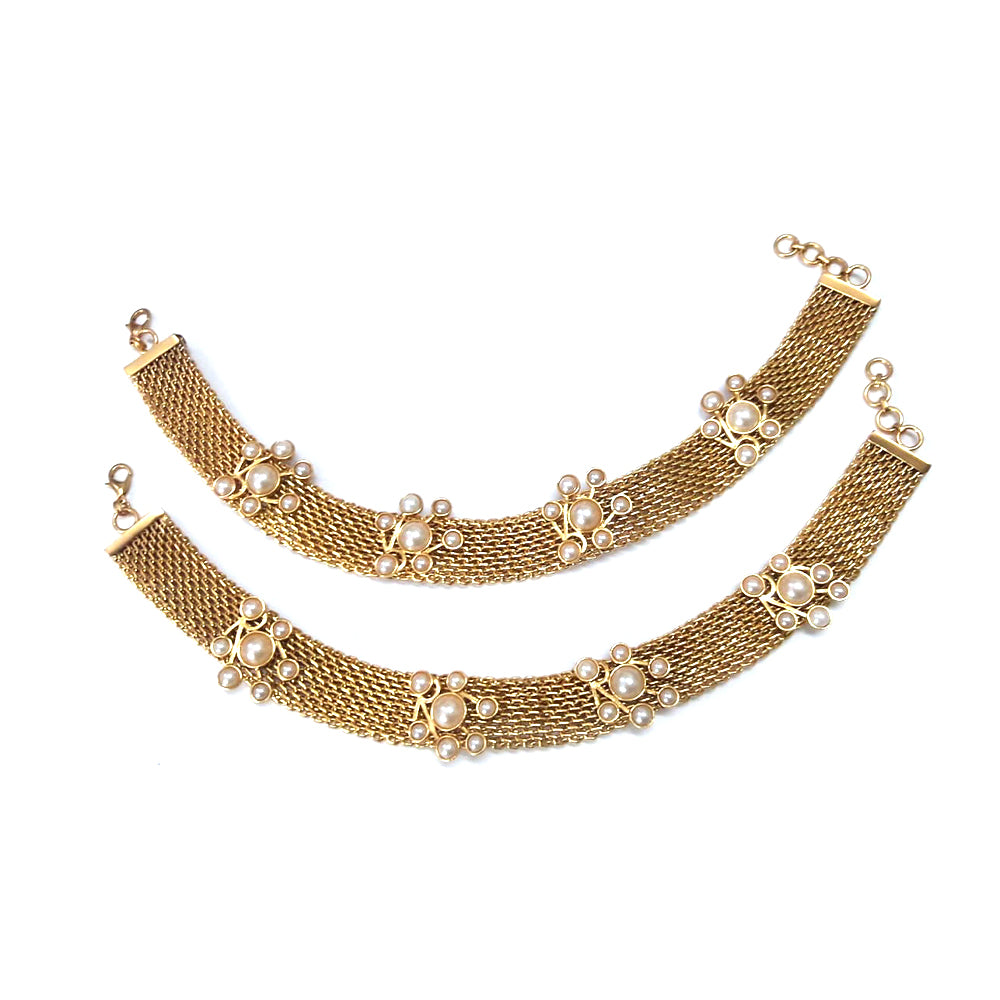 GOLD PLATED 3D CHAIN ANKLET WITH CLUSTER PEARL (PAIR)