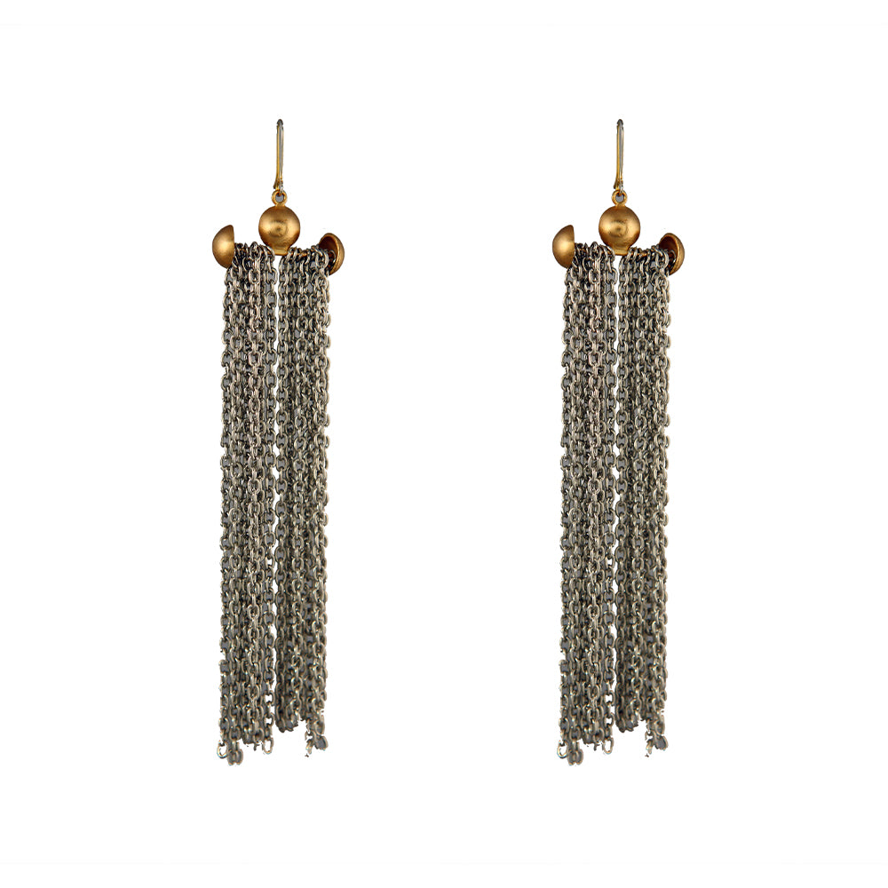 GOLD PLATED DOUBLE STUDDED WIRE EARRING WITH LONG THIN CHAIN