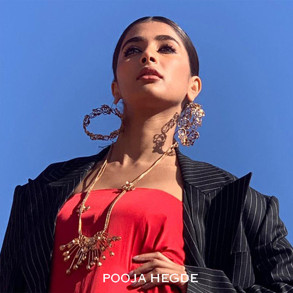 GOLD TONED LONG NECKLACE WITH CRESTS & MOGRA BUD FLUTES WORN BY POOJA HEGDE