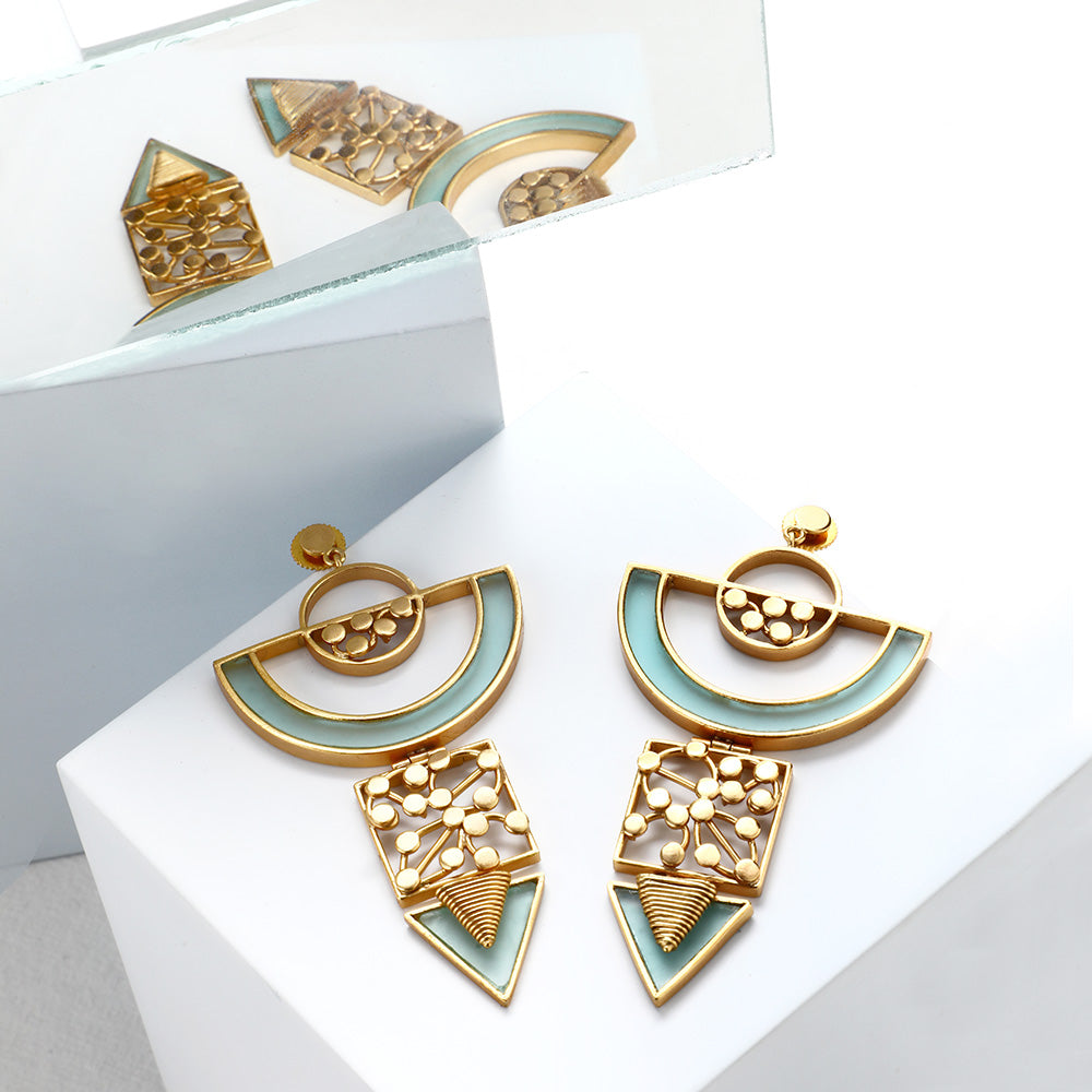 GOLD TONED SEMI-CIRCULAR DROP EARRINGS WITH CYAN ACRYLIC ARC & DOTTED COIL DETAILS
