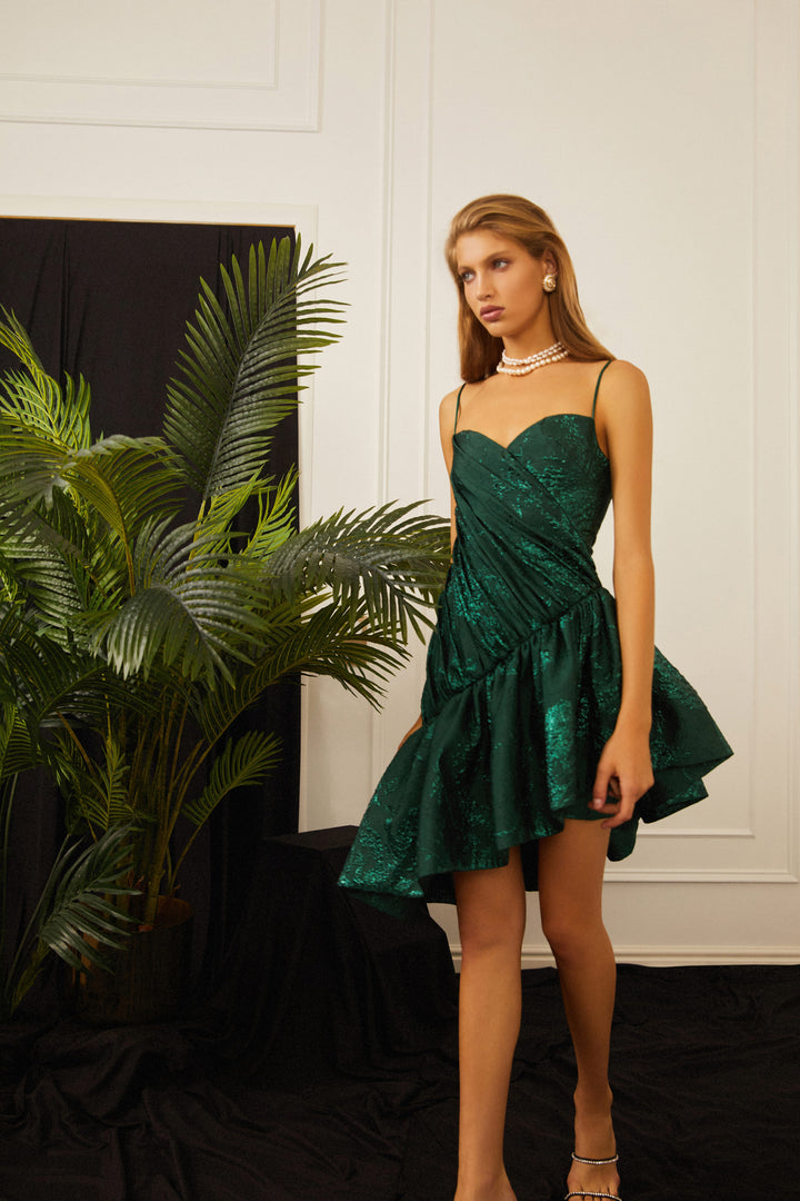 Asymmetric draped jacquard mini dress with ruffle – RASARIO