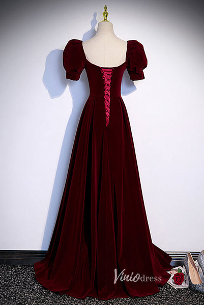 Burgundy Velvet Prom Dresses Puffed Sleeve Formal Dress AD1027 – Viniodress