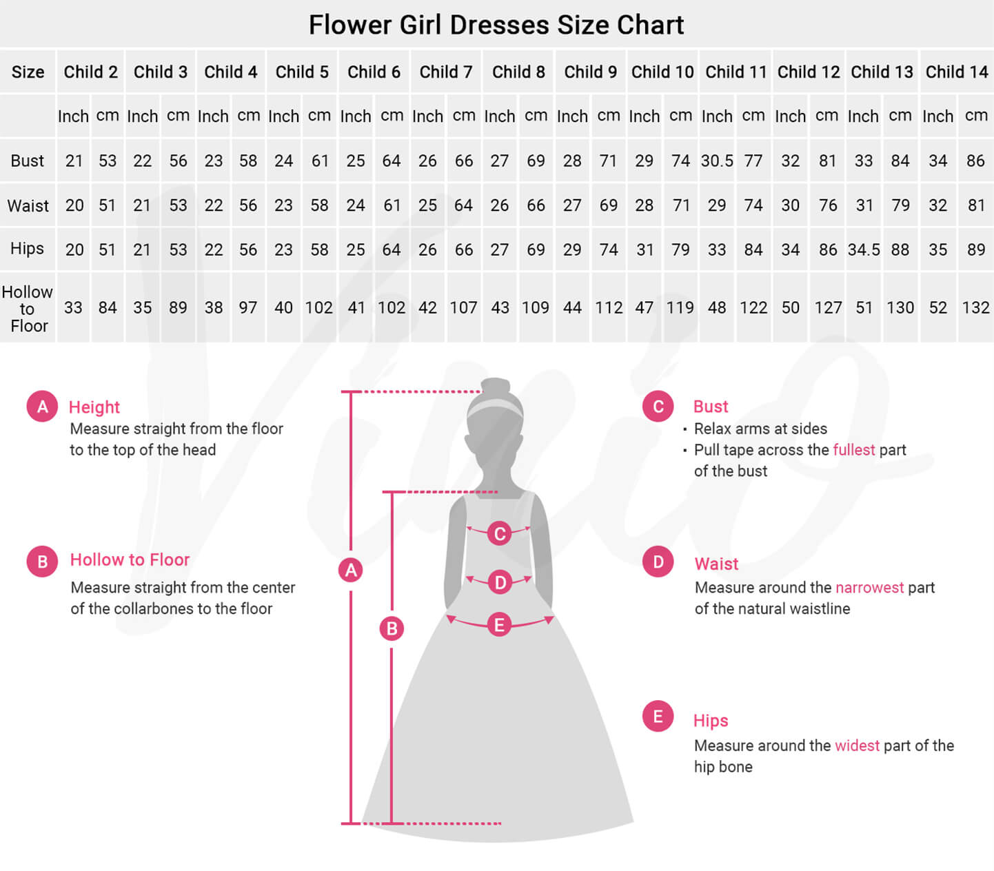 how to measure children size, flower girl dress size chart.