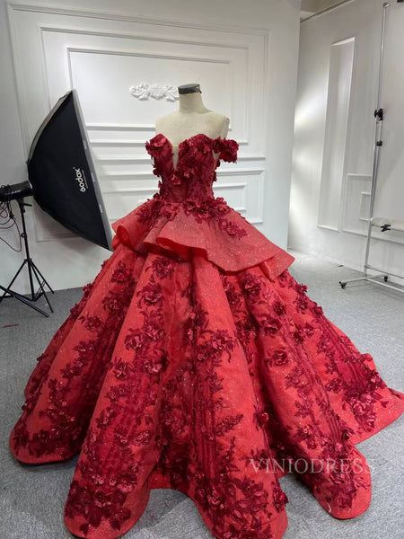 3D Floral Dark Red Quinceañera Dresses Off the Shoulder Ball Gown vini ...