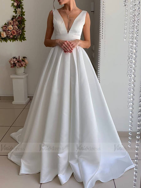 Backless V Neck Simple Satin Wedding Dresses with Pockets VW1351 ...
