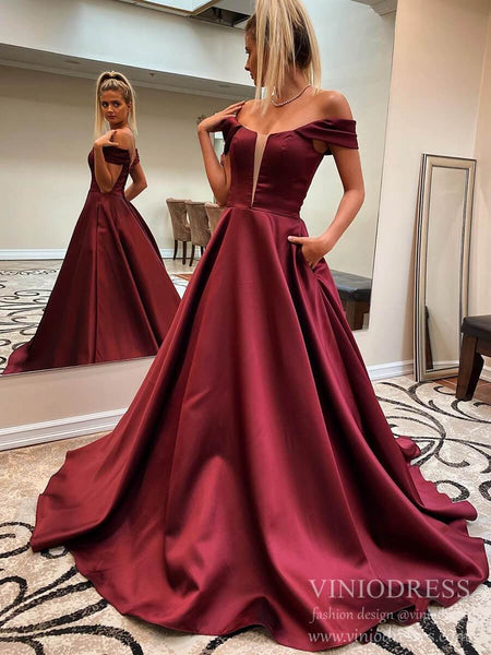 Cheap Off the Shoulder Burgundy Satin Prom Dresses with Pockets FD2073 ...