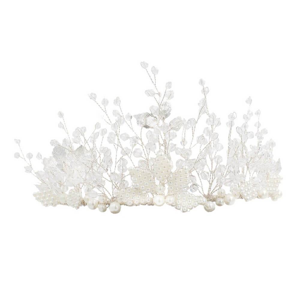 Headpieces-Crystal Spray Bridal Tiara Pearls Quinceanera Crown AC1092-Viniodress