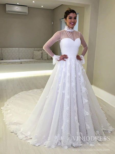 Dotted Tulle Lace Wedding Dresses High Neck Long Sleeve Bridal Dress V ...