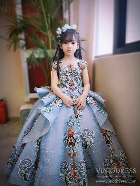 Dusty Blue Lace Ball Gown for Kids Beaded Princess Dresses FD2269C ...