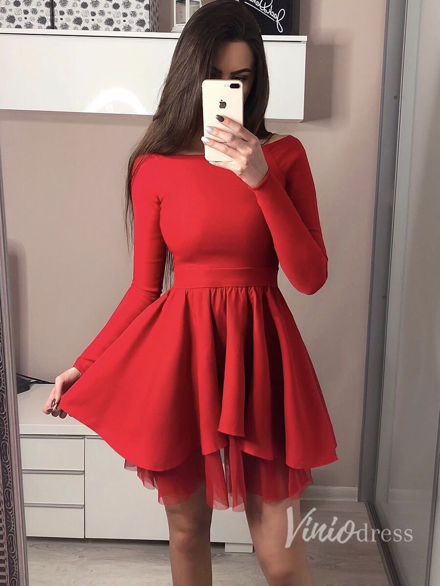 Long Sleeve Chic Short Dress Red Homecoming Dresses Viniodress
