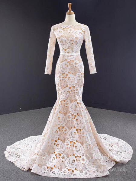 Long Sleeve Floral Lace Mermaid Wedding Dresses Champagne Trumpet Dres ...
