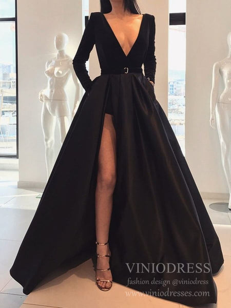 Long Sleeve V Neck Black and Burgundy Prom Dresses with Pockets FD1595 ...