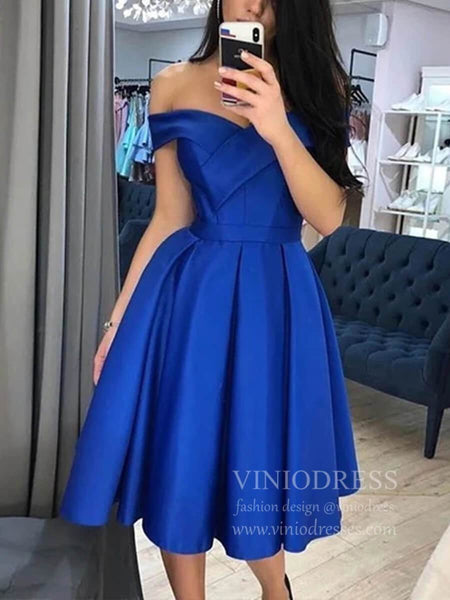 Off the Shoulder Royal Blue Tea Length Prom Dresses SD1260 – Viniodress