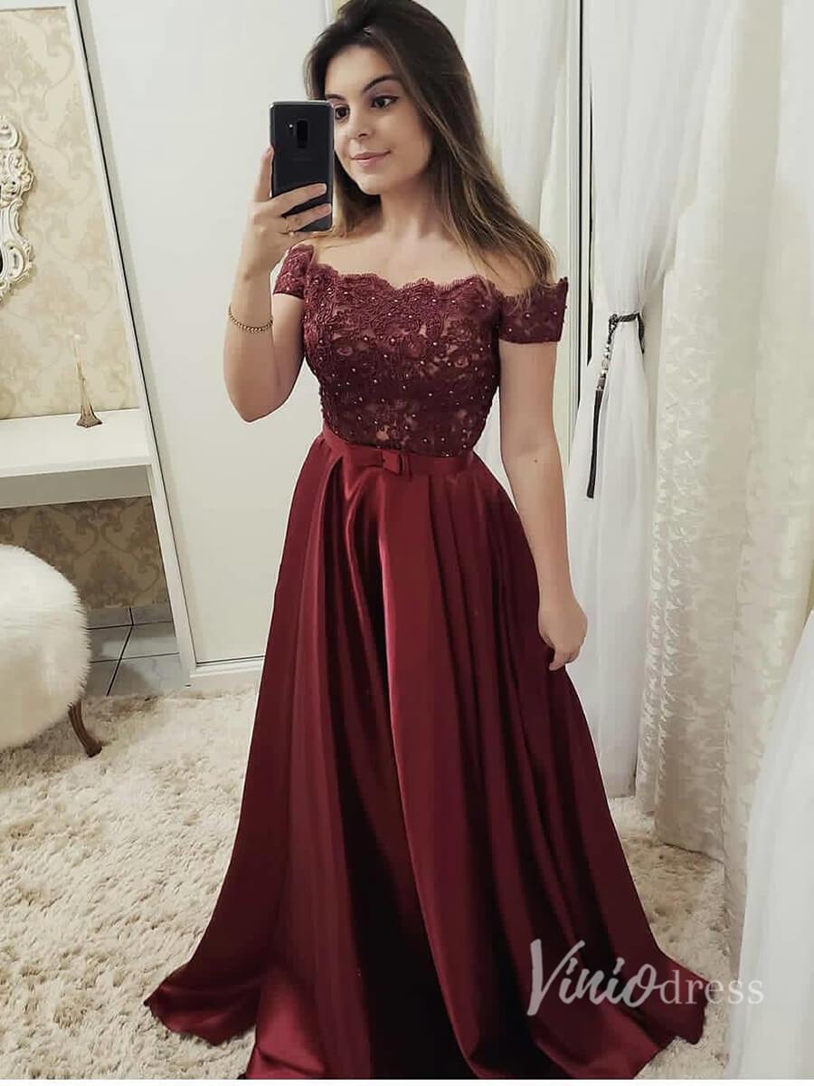 Off the Shoulder Simple Burgundy Prom Dresses for Junior FD1294 ...