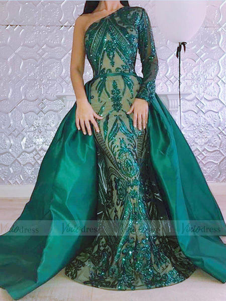 One Shoulder Emerald Green Sequin Prom Dresses Removable Overskirt FD1 ...
