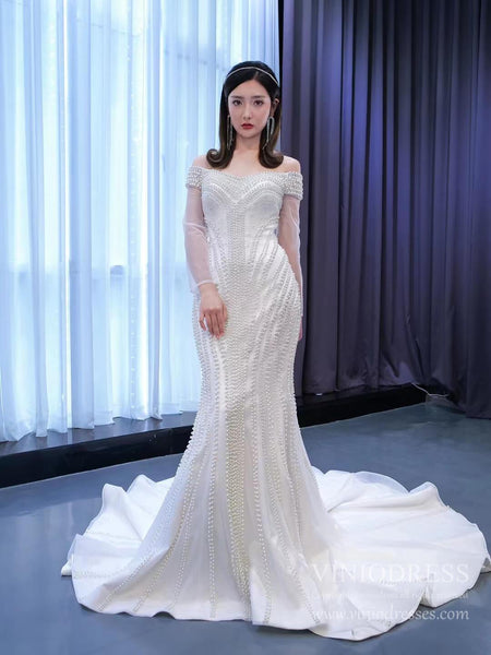 Pearl Beaded Mermaid Wedding Dresses with Long Sleeves Viniodress 6731
