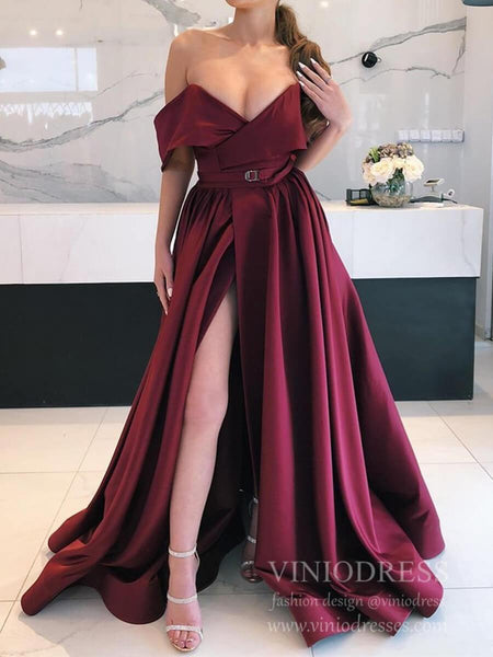 Sexy Burgundy Satin Prom Dresses with Belt Off the Shoulder Formal Dre ...