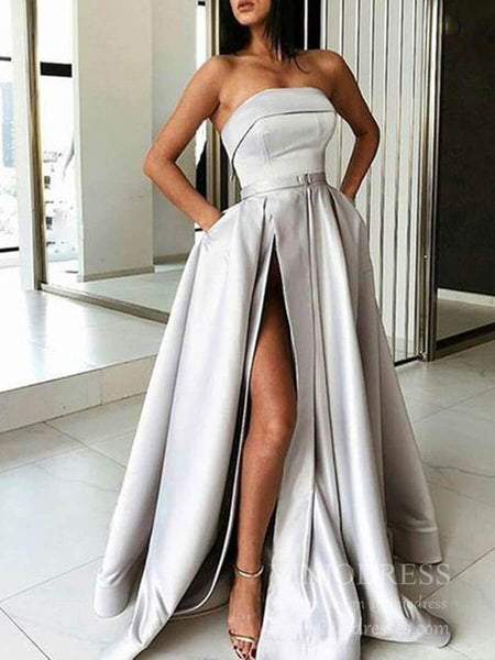Sexy Thigh Split Strapless Burgundy Satin Prom Dresses with Pockets FD ...