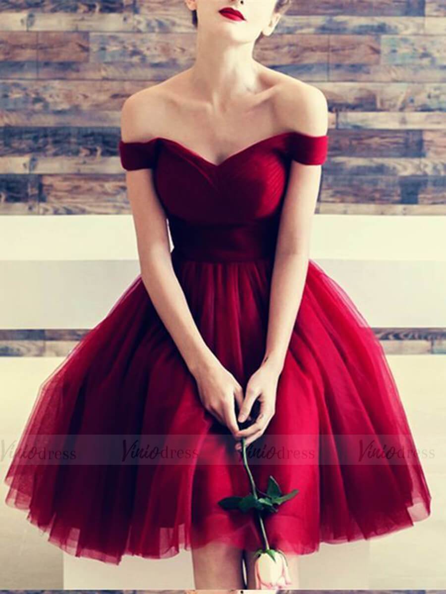 Simple Burgundy Homecoming Off the Shoulder Graduation Dress S –