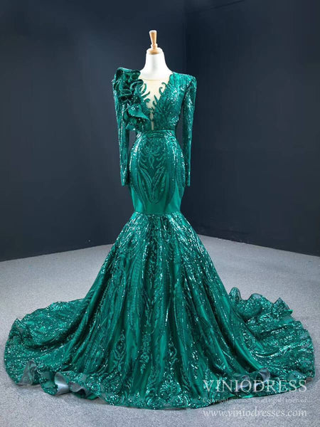 Vintage Emerald Green Sequin Prom Dresses with Long Sleeve FD2407 ...