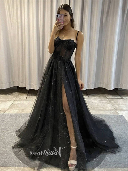 Black Spaghetti Strap Prom Dresses With Slit Sparkly Tulle Evening Dre – Viniodress