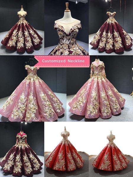 Burgundy & Gold Vintage Princess Ball Gowns Sparkly Long Prom Dresses ...