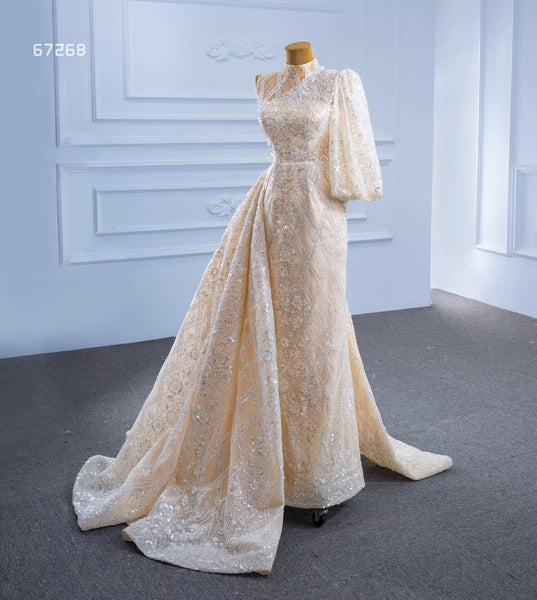 Champagne Overskirt Wedding Dresses with Sleeves VW67268 – Viniodress