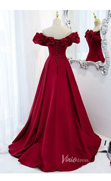 Dark Red Satin Off Shoulder Long Prom Dresses with Pockets FD2628 ...