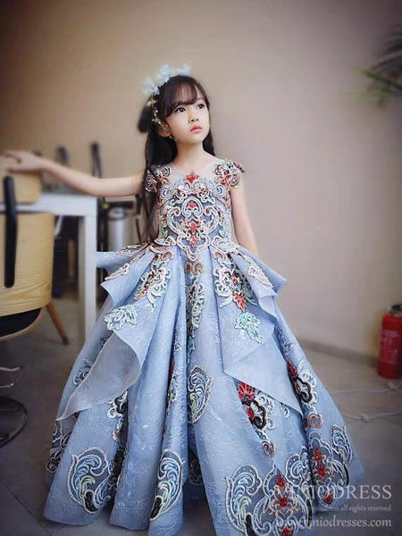 Dusty Blue Lace Ball Gown for Kids Beaded Princess Dresses FD2269C ...