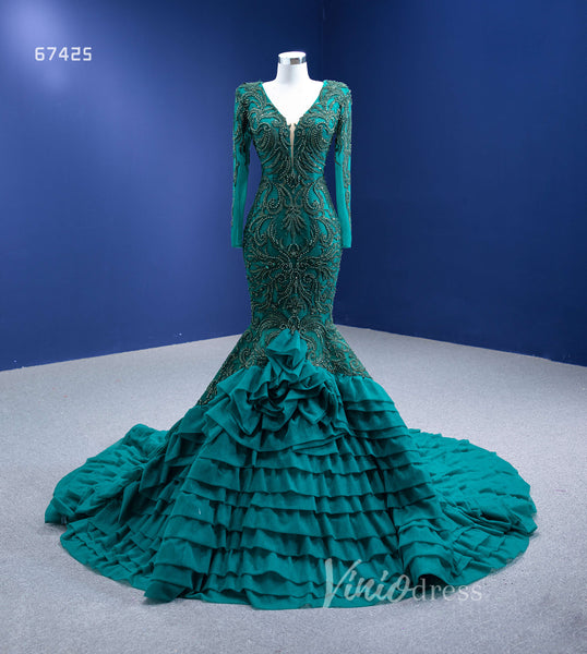 Emerald Green Long Sleeve Mermaid Prom Dress Beaded Tiered Pageant Gow ...