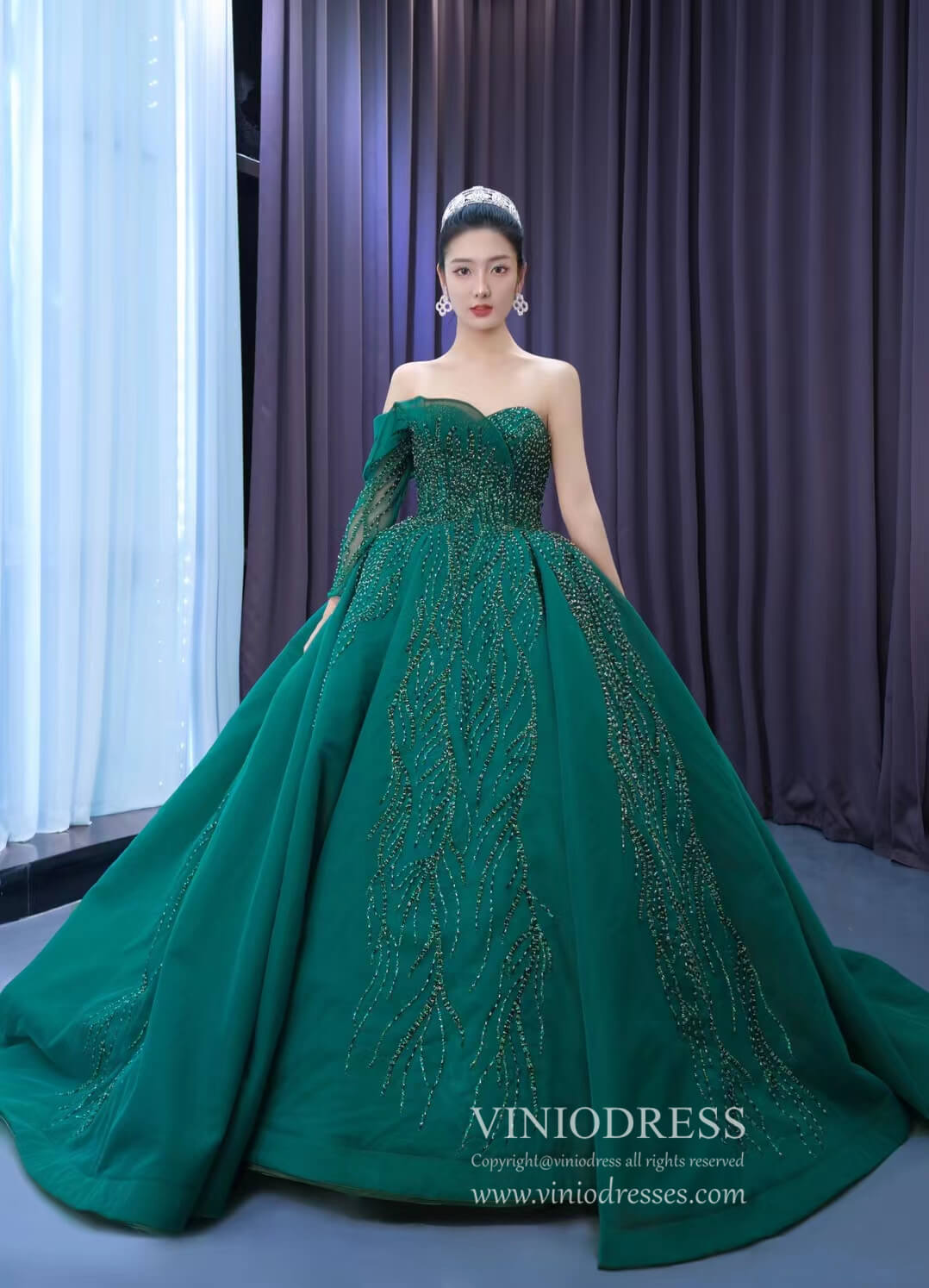 Emerald Green Wedding Dress One Shoulder Long Sleeve Ball Gown 222103 ...