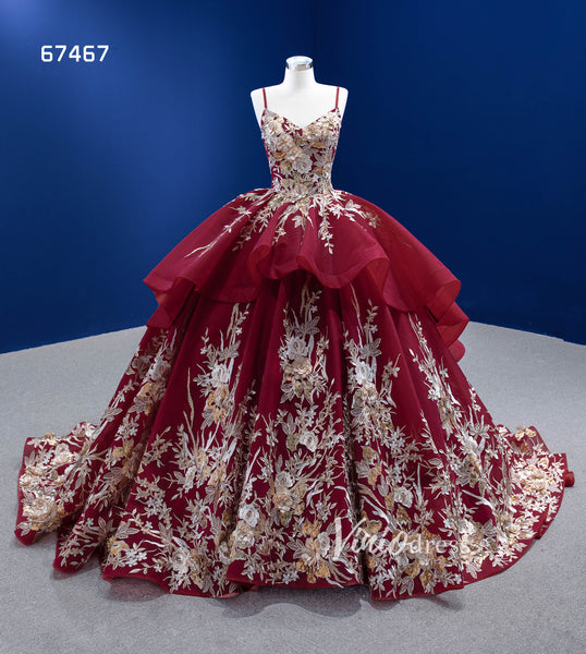 Gold Floral Red Ball Gown Wedding Dress Vintage Quince Dress 67467 ...