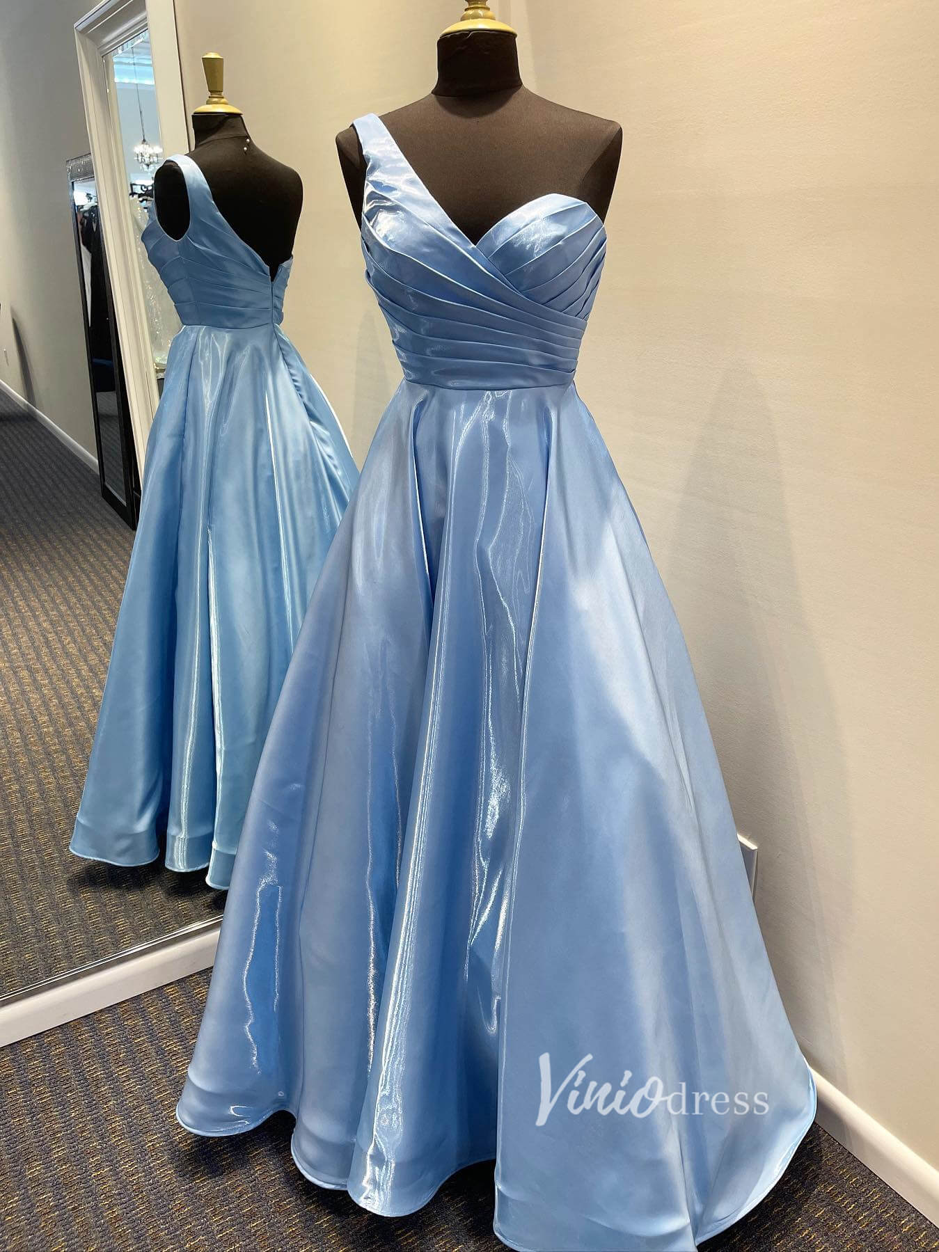 Light Blue Glittery Satin Prom Dresses One Shoulder Formal Gown
