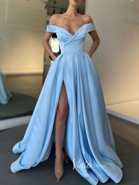 Light Blue Prom Dresses With Slit Off the Shoulder Evening Dress FD307 ...