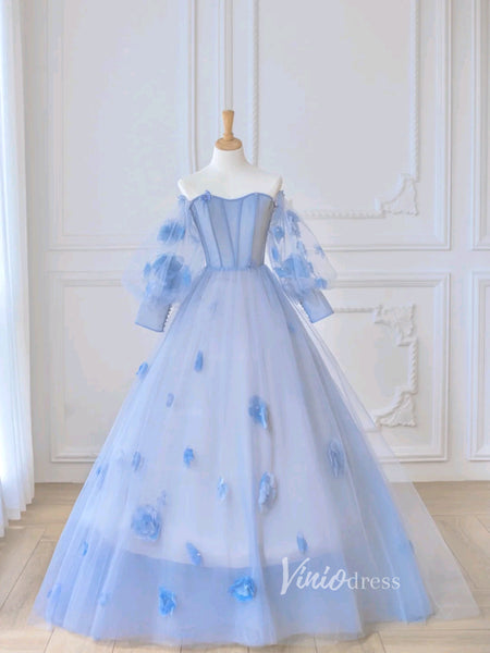 Light Blue Tulle Prom Dresses 3D Flower Long Sleeve Ball Gown FD3229 ...