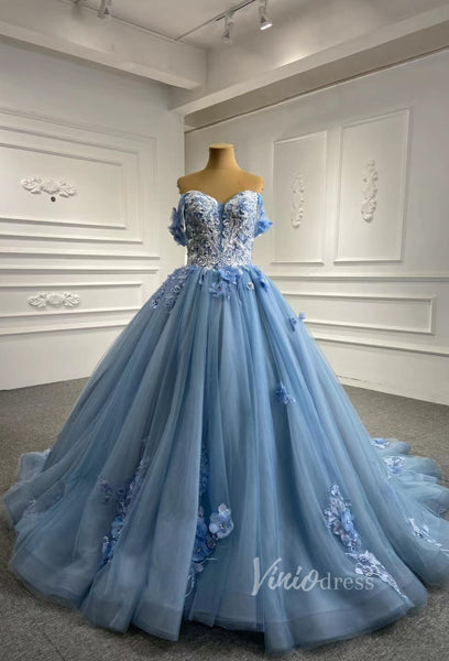 Light Blue Tulle Quince Dresses 3D Flower Off the Shoulder Cinderella ...