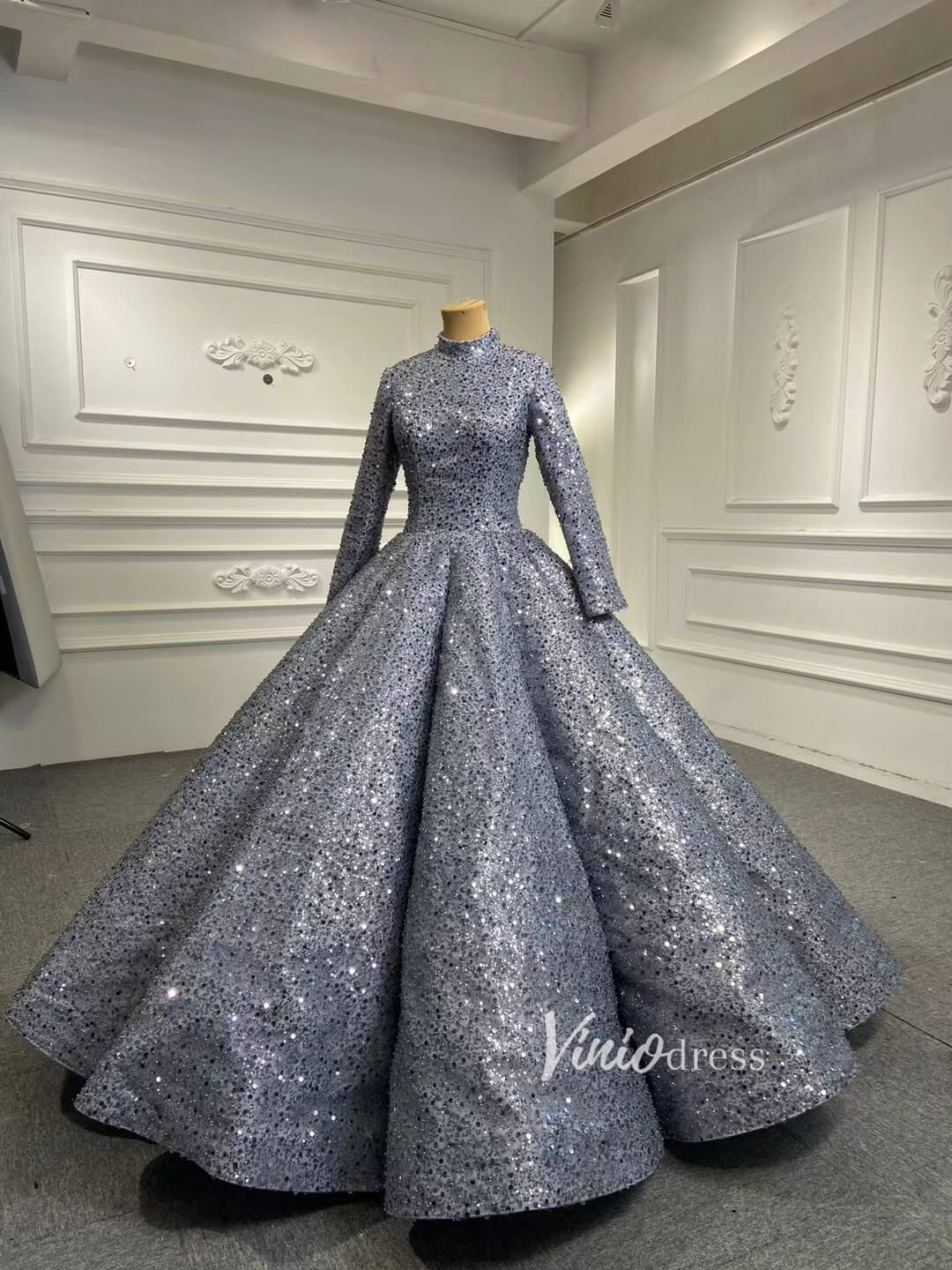 Long Sleeve Grey High Neck Ball Gown Wedding Dress 66591 Beaded ...