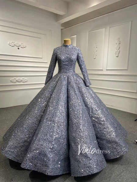 Long Sleeve Grey High Neck Ball Gown Wedding Dress 66591 Beaded Lace ...
