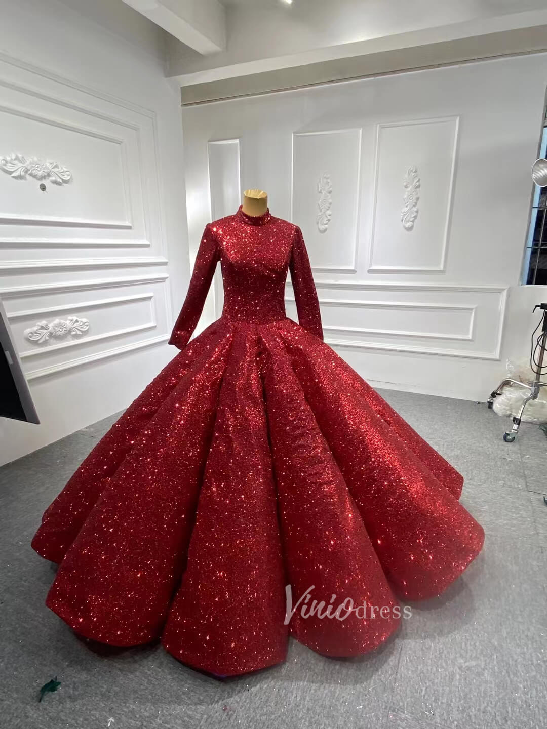 Long Sleeve Red Gown Wedding Dress for 66591 High Ne – Viniodress
