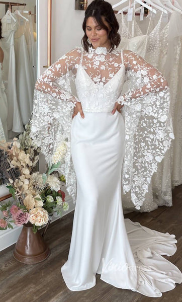 Mermaid Minimalist Wedding Dresses with Detachable Lace Cape Sleeves V ...