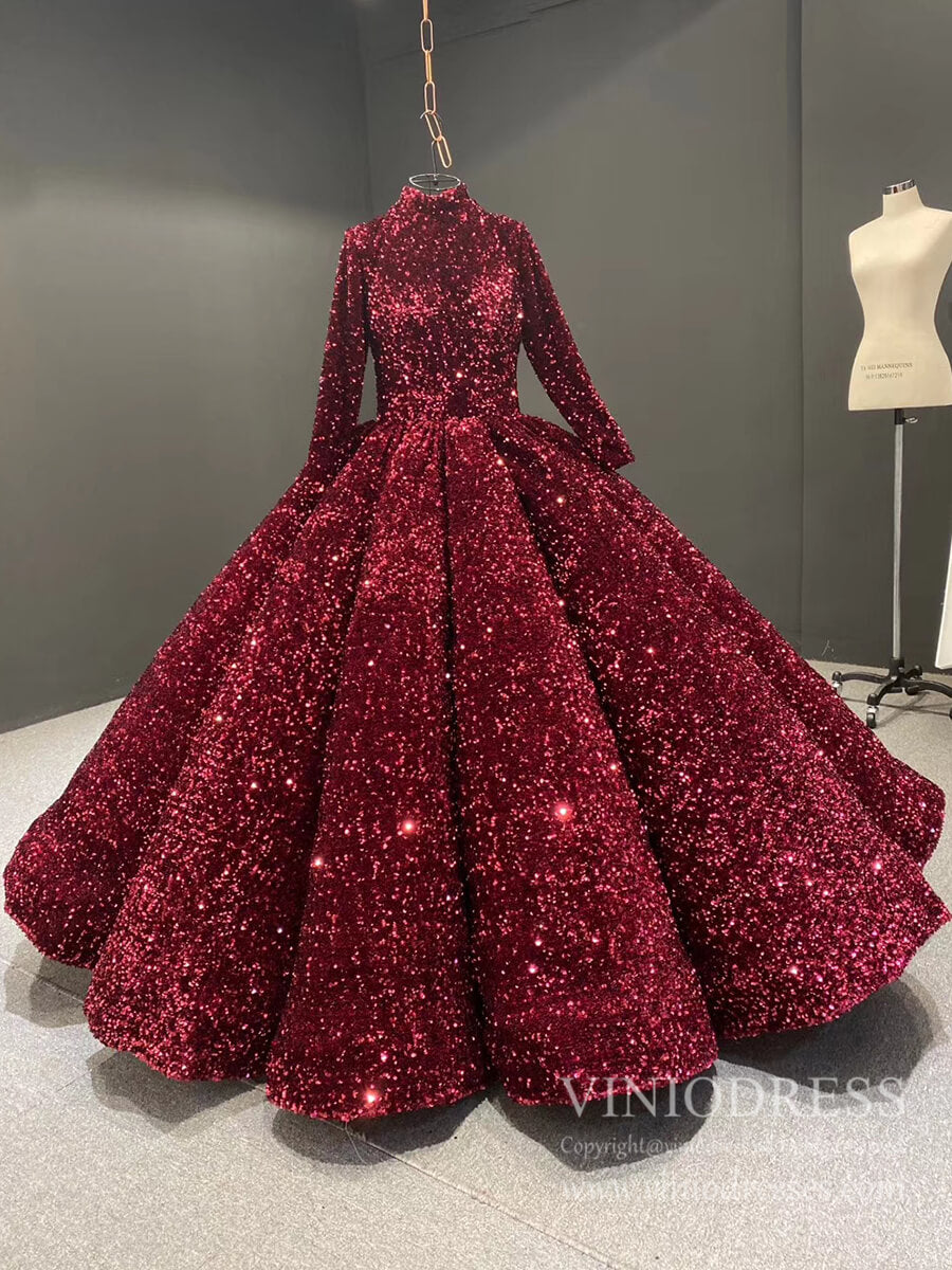 Modest Purple Wedding Gown High Neck 66991 Sleeve – Viniodress