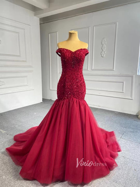 Off the Shoulder Red Mermaid Pageant Gown Beaded Wedding Dresses 67150 ...